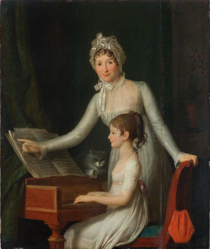 Woman teaching child to play spinet as cat watches